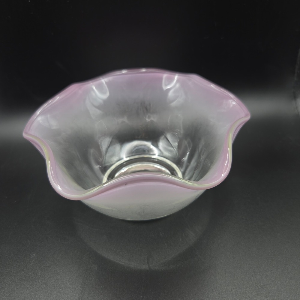Vintage Pink Ruffle Edge Frosted‎ Art Glass Bowl Mid Century Modern Candy Dish